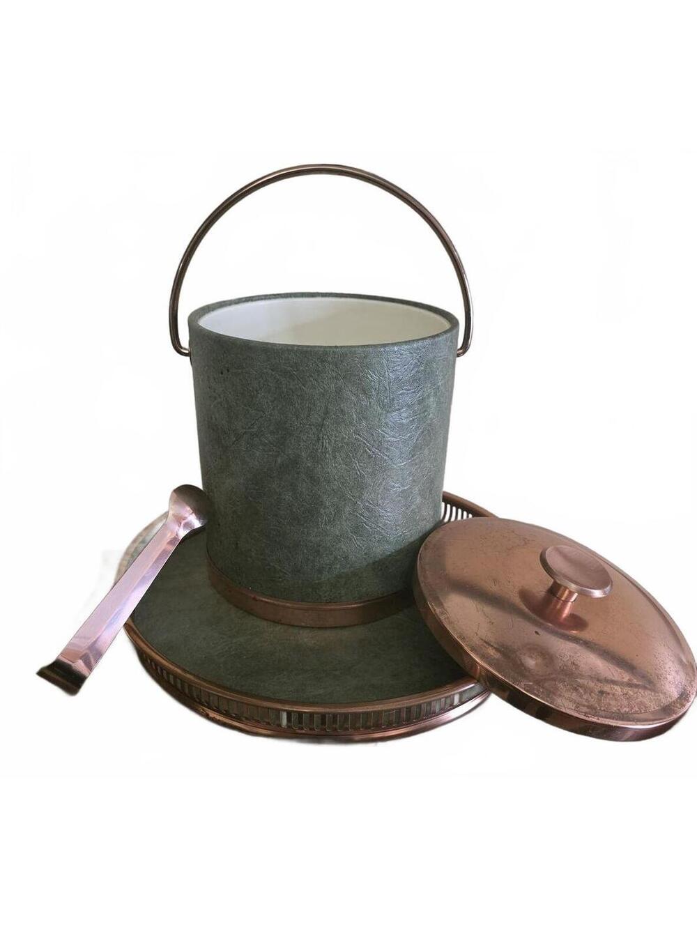 Vintage Coppercraft Guild 4pc Set Ice Bucket Lid Serving Tray Green Faux Leather